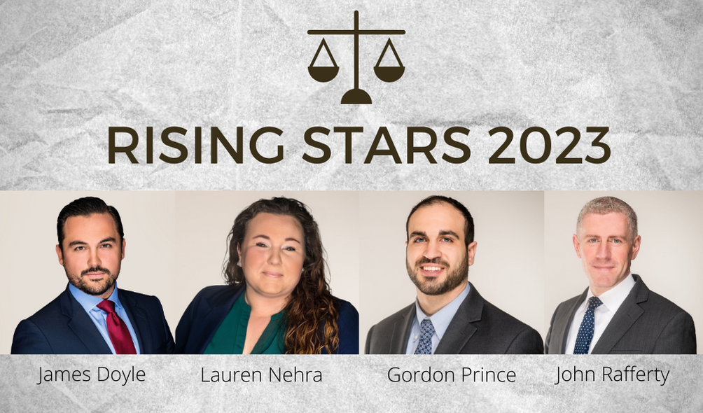 Rising Stars 2023 graphic with photos of James Doyle, Lauren Nehra, Gordon Prince and John Rafferty