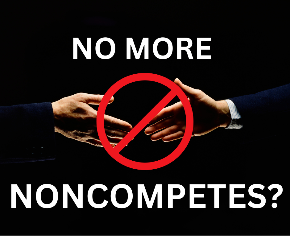 Photo of handshake with banned sign and title: No More Noncompetes?