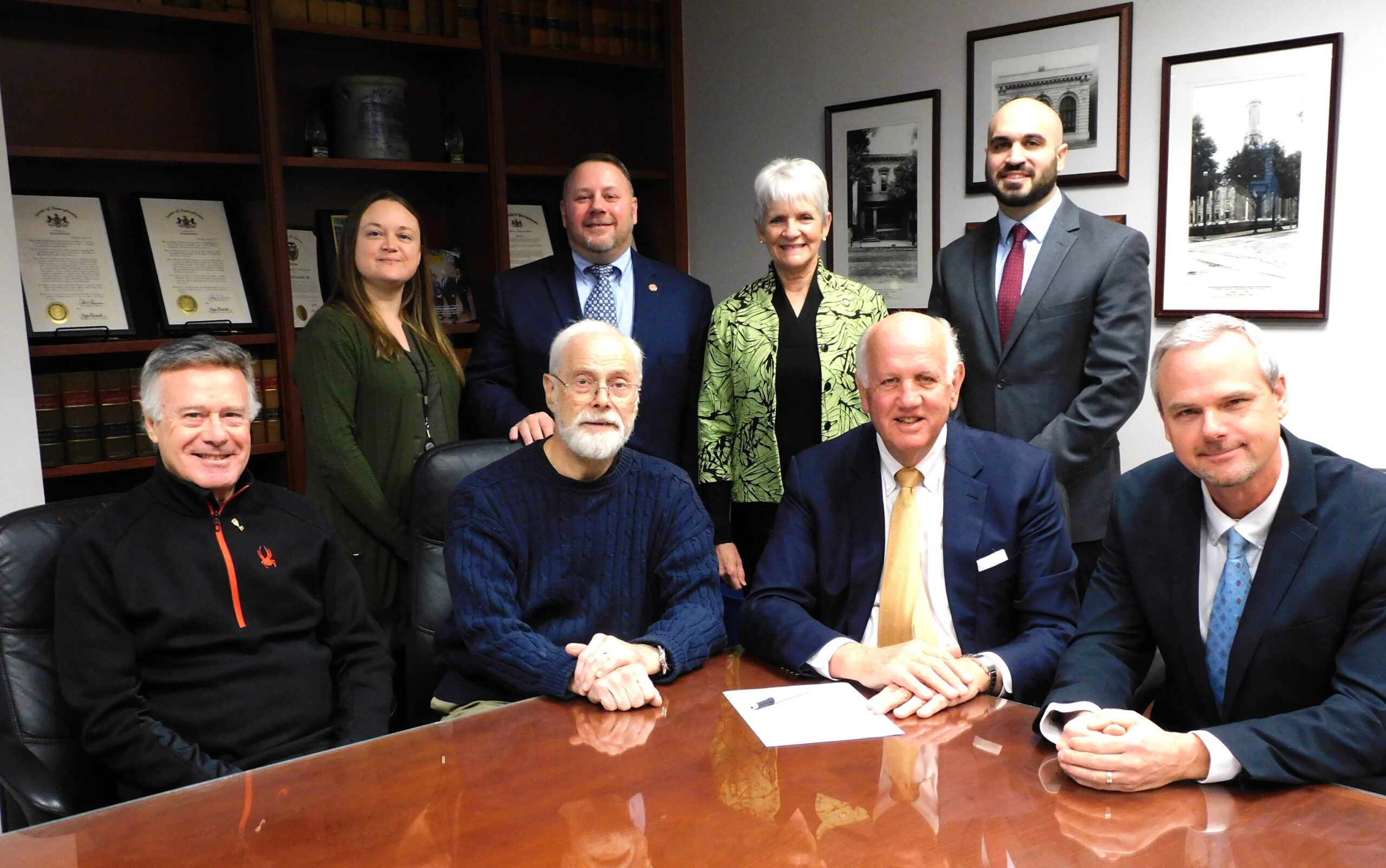 e closing of Chester County’s historic Crebilly Farm was held at the law office of Gawthrop Greenwood , PC. Seated L – R: Members of Westtown Township Board of Supervisors member Dick Pomerantz, and Chairman Tom Foster; David Robinson, owner and steward of Crebilly Farm; Ed Yost, Vice Chair Westtown Township Board of Supervisors. Standing L – R: Liudmila Carter, Westtown Township Manager, Patrick McKenna, Westtown Township solicitor from Gawthrop Greenwood; State Senator Carolyn Comitta; Gordon Prince, Gawthrop Business Law Attorney