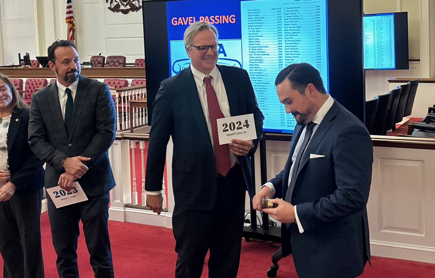 Gawthrop Greenwood attorney James Doyle accepts the ceremonial gavel as he is named Chester County Bar Association President 2025