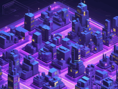 Aerial illustration of a city bathed in purple light