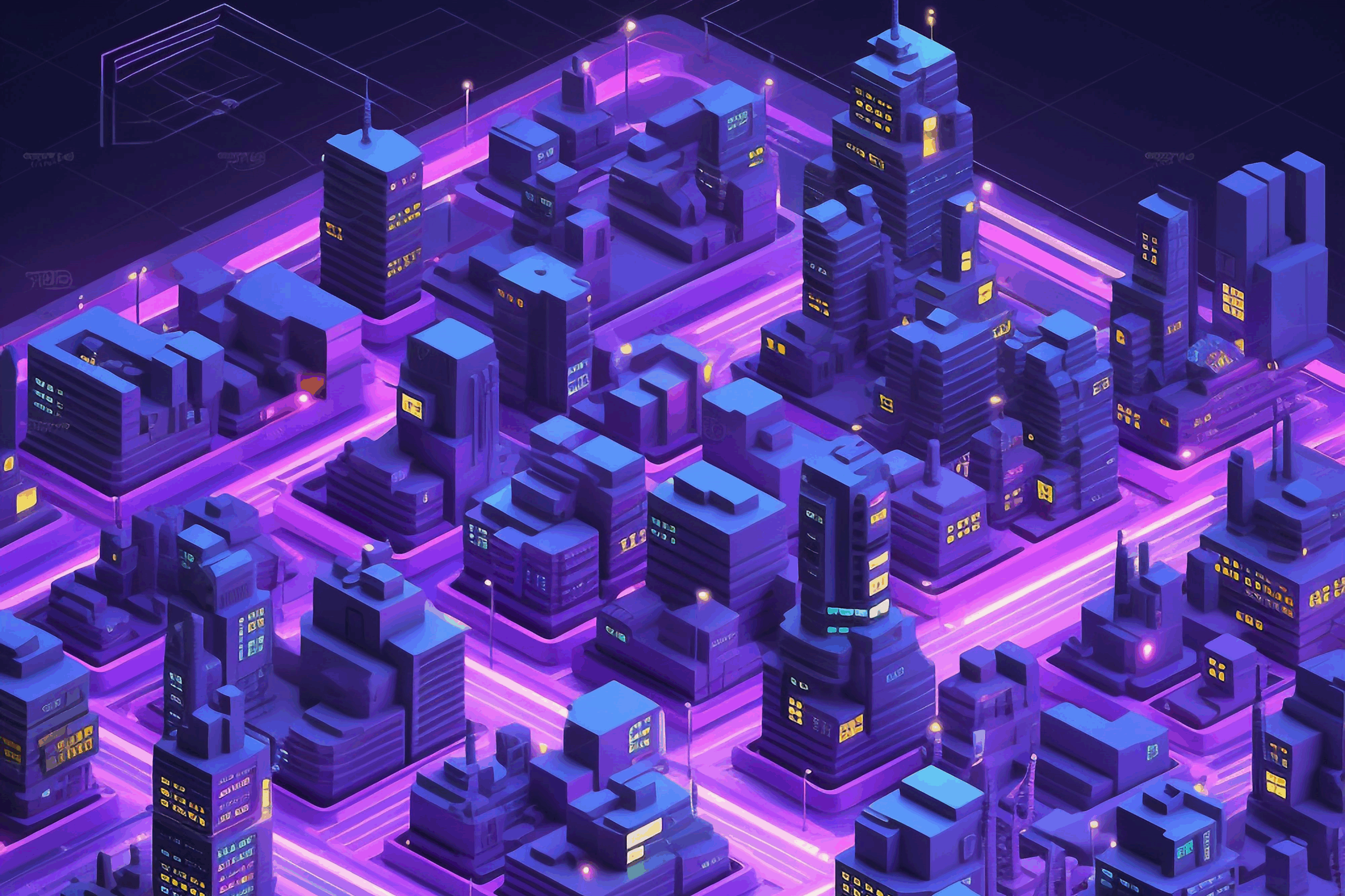 Aerial illustration of a city bathed in purple light