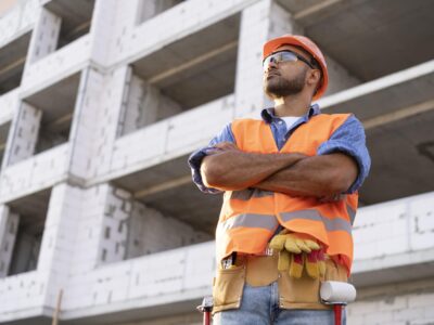 Stock image of construction worker with arms folded in front of building