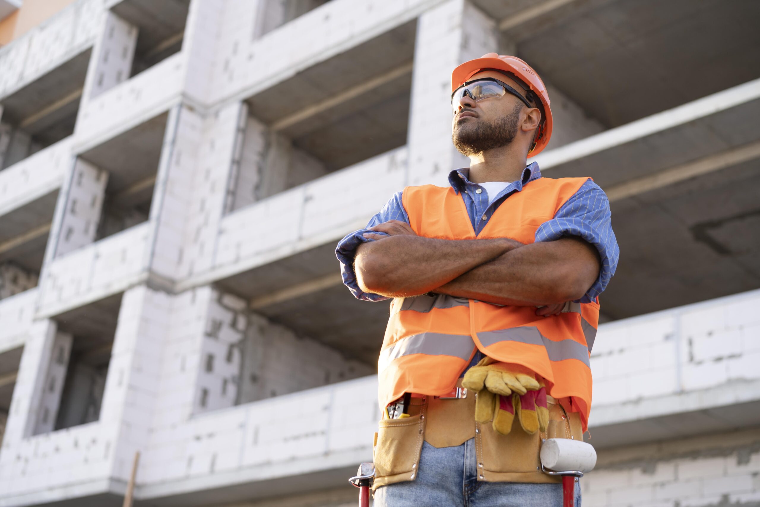 Stock image of construction worker with arms folded in front of building
