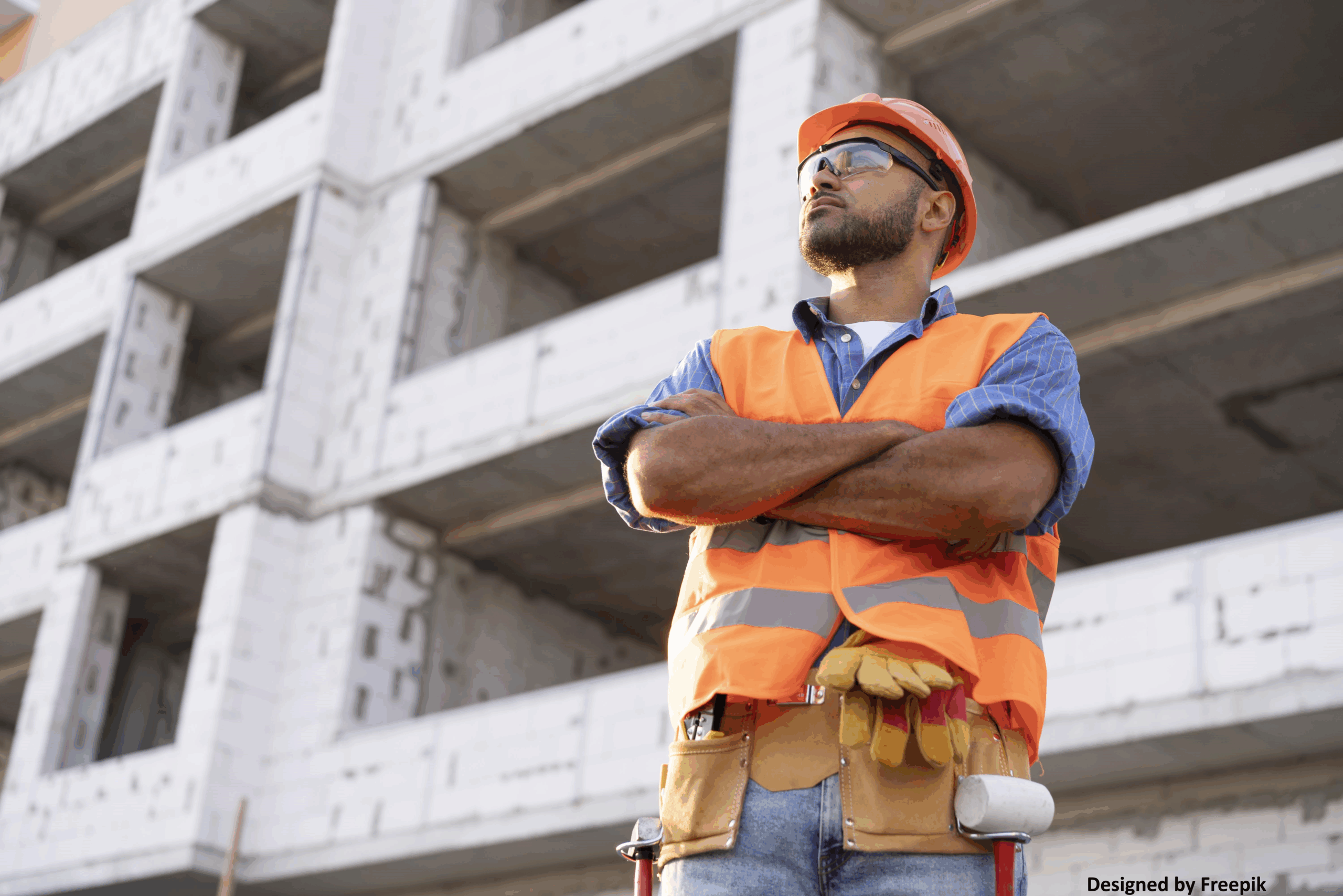 Man in construction uniform standing in front of unfinished building